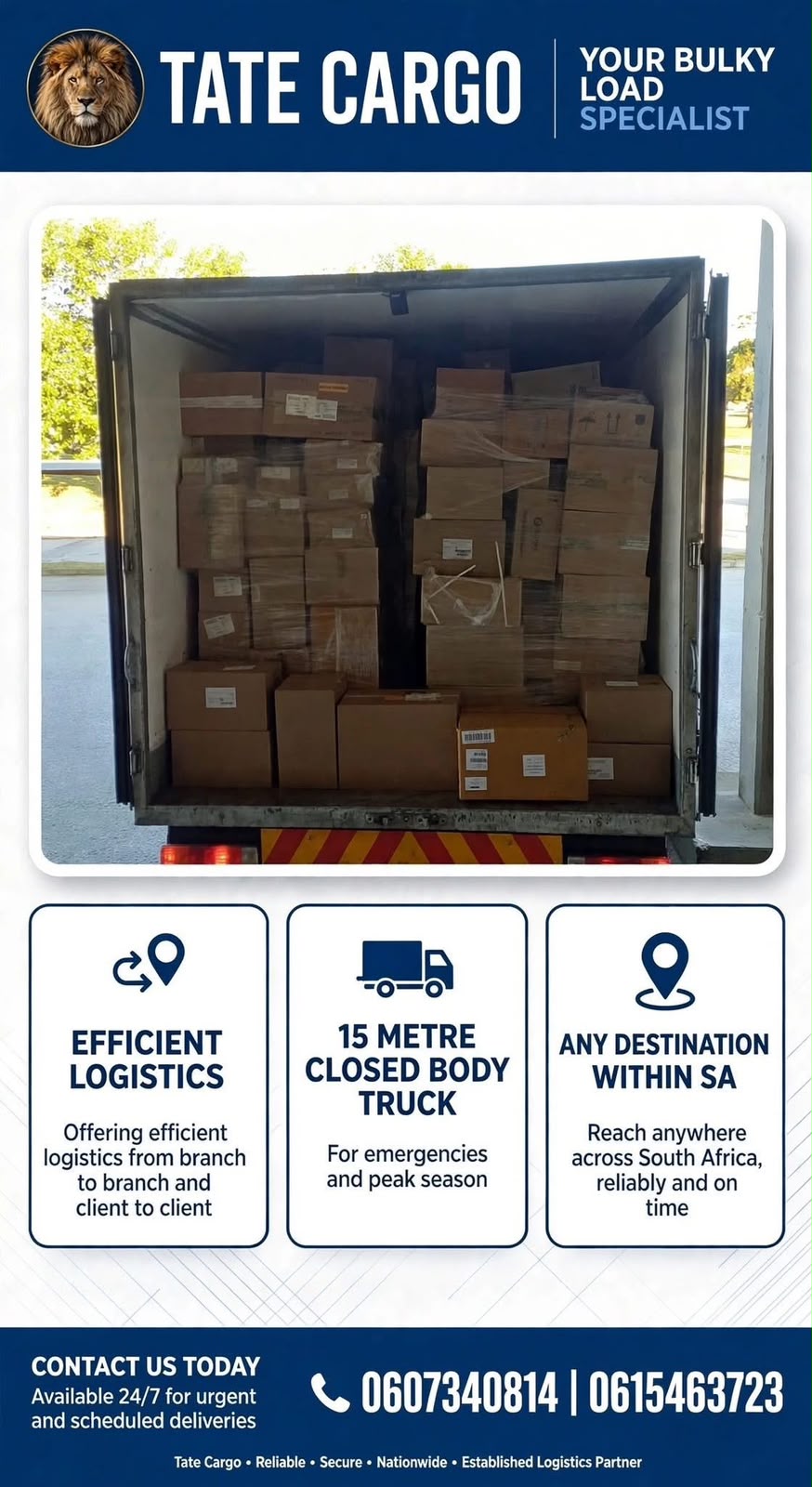 Loaded freight inside a TATE Cargo truck